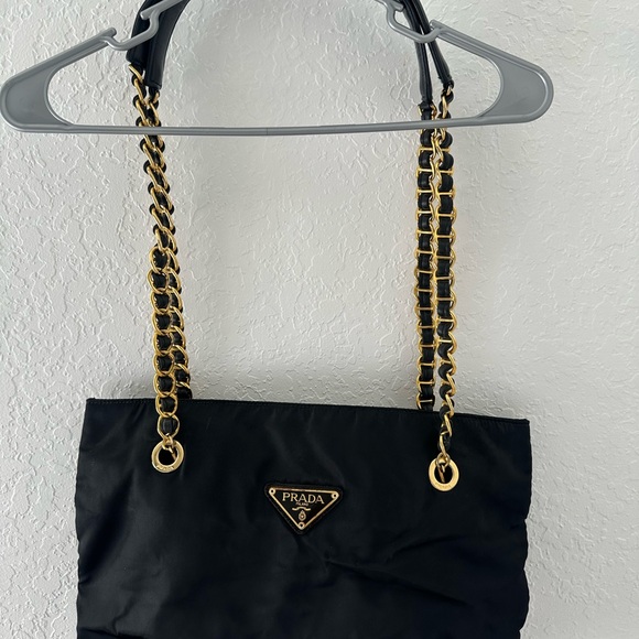None Handbags - Black and Gold Structured Shoulder Bag with Chain Straps